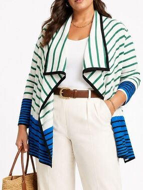 Misook NWT Striped Open Front Knit Cardigan in White, Green & Blue Size 3X